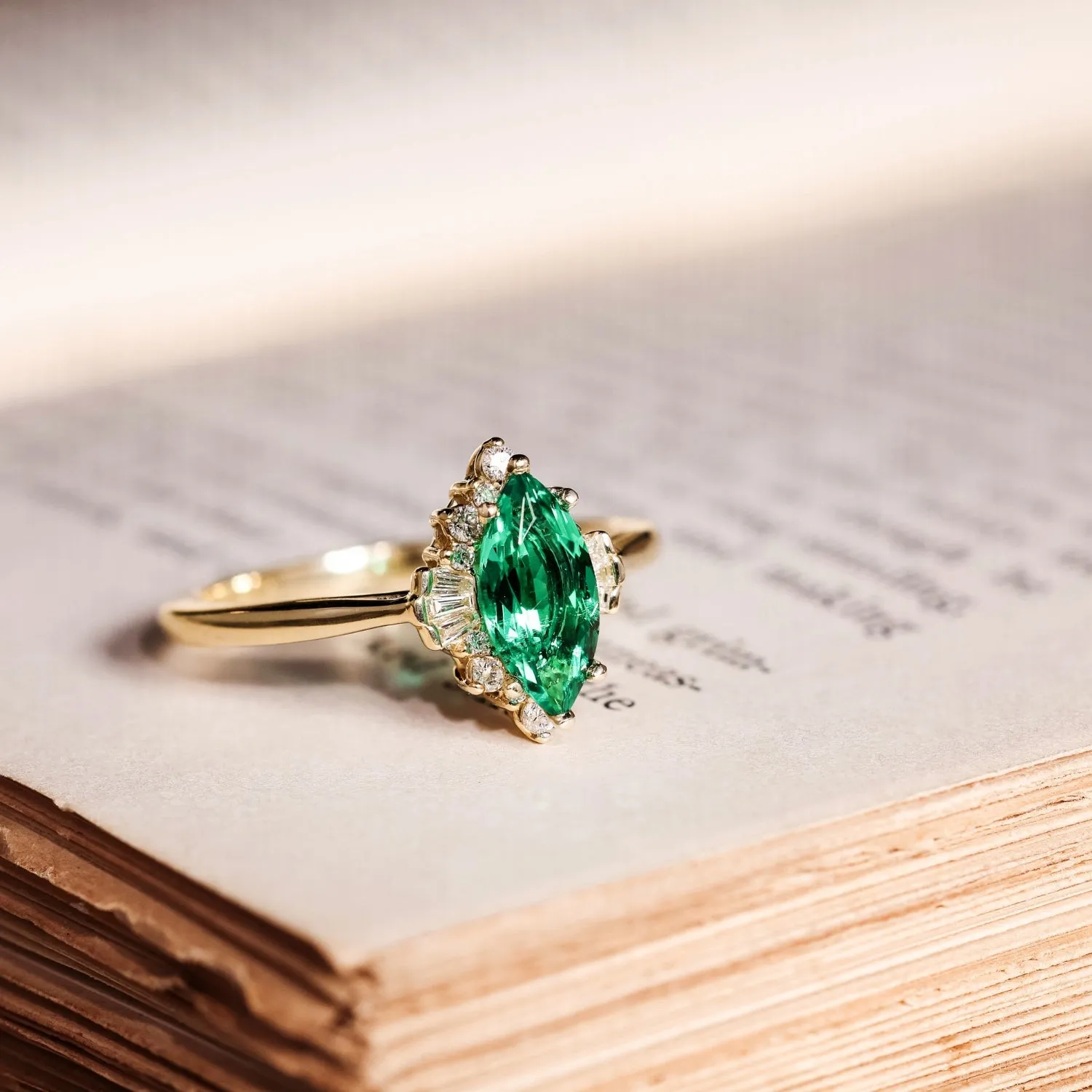 The Verdeline -  Green Emerald Marquise Engagement Ring with Natural Diamond Halo