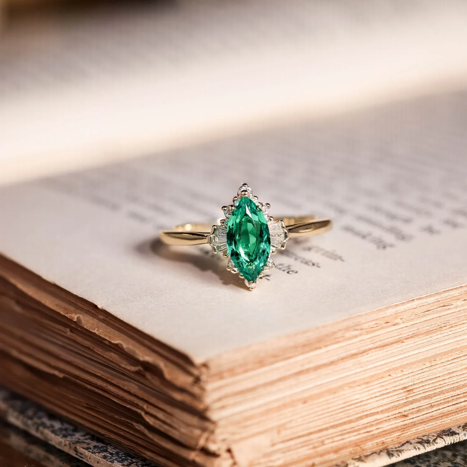 The Verdeline -  Green Emerald Marquise Engagement Ring with Natural Diamond Halo