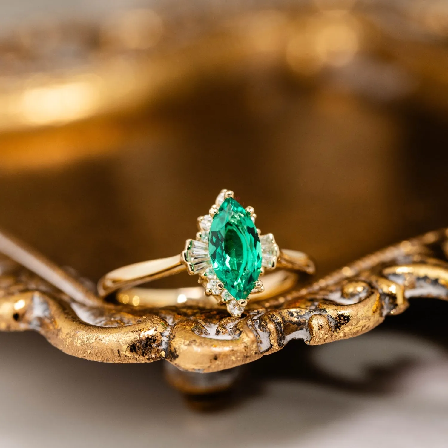 The Verdeline -  Green Emerald Marquise Engagement Ring with Natural Diamond Halo