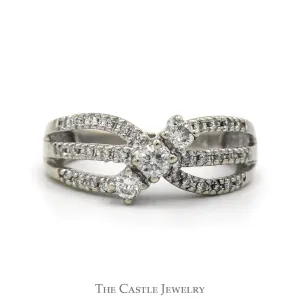 Three Stone Diamond Ring with Open Split Shank Diamond Accented Sides in 14k White Gold