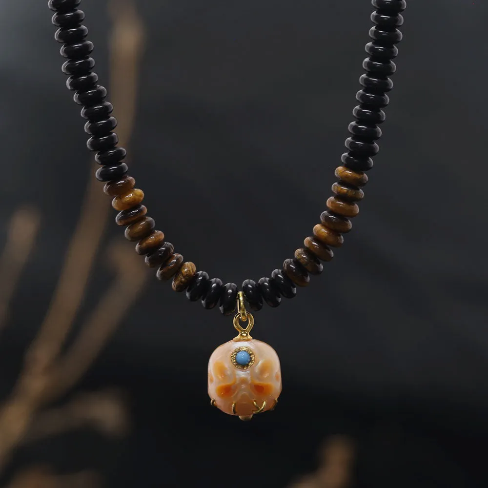 Tiger Eye Black Agate Pearl Śmaśana Beaded Necklace