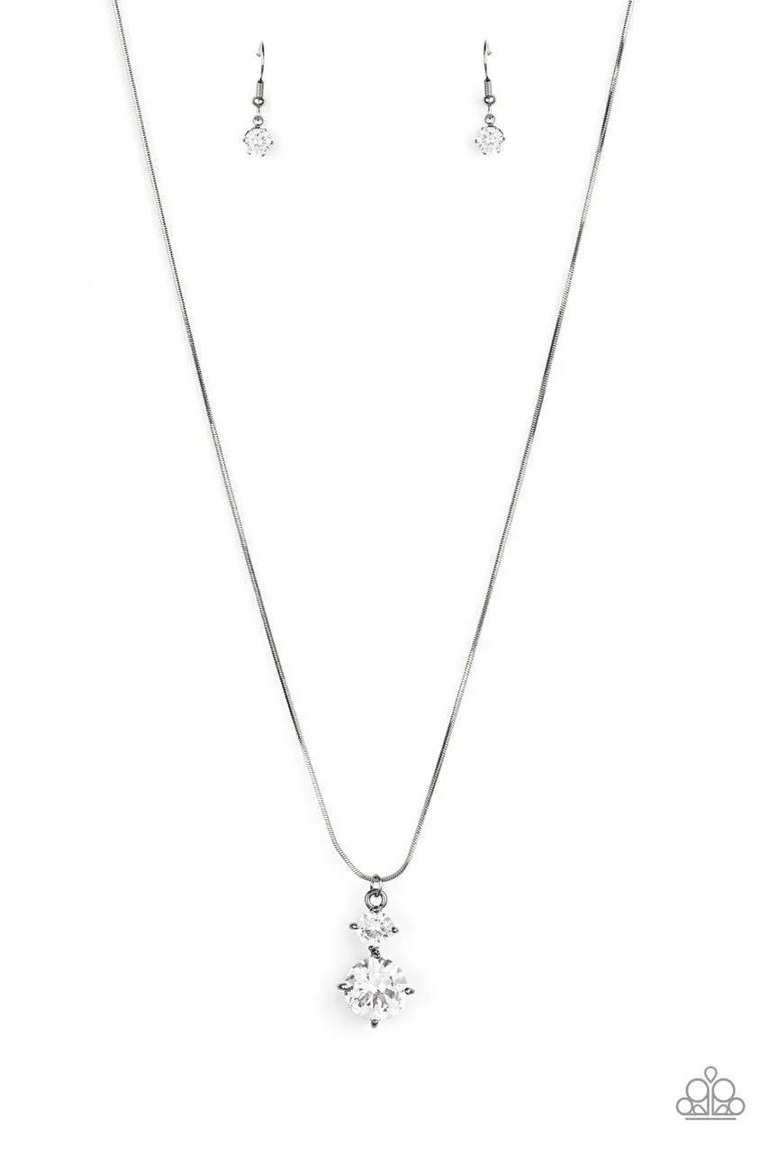 Top Dollar Diva - Black - White Rhinestone Gunmetal Setting Paparazzi Short Necklace - February 2021 Life of the Party Exclusive