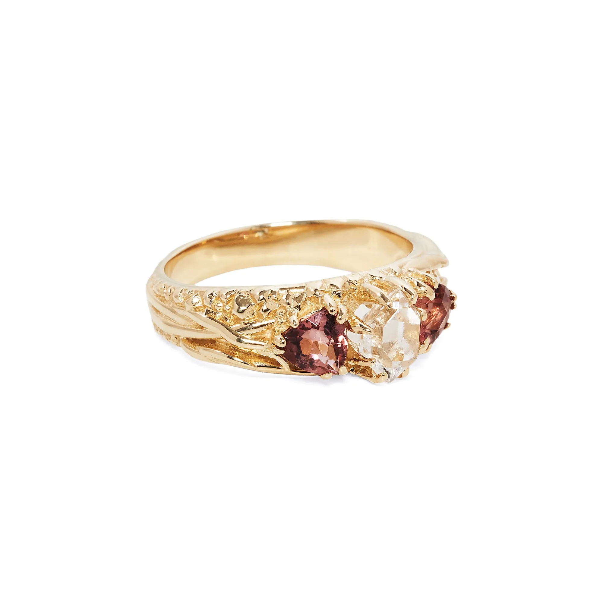 TRI-REALM MATRIX RING | 14K GOLD | HERKIMER DIAMOND & PINK TOURMALINE