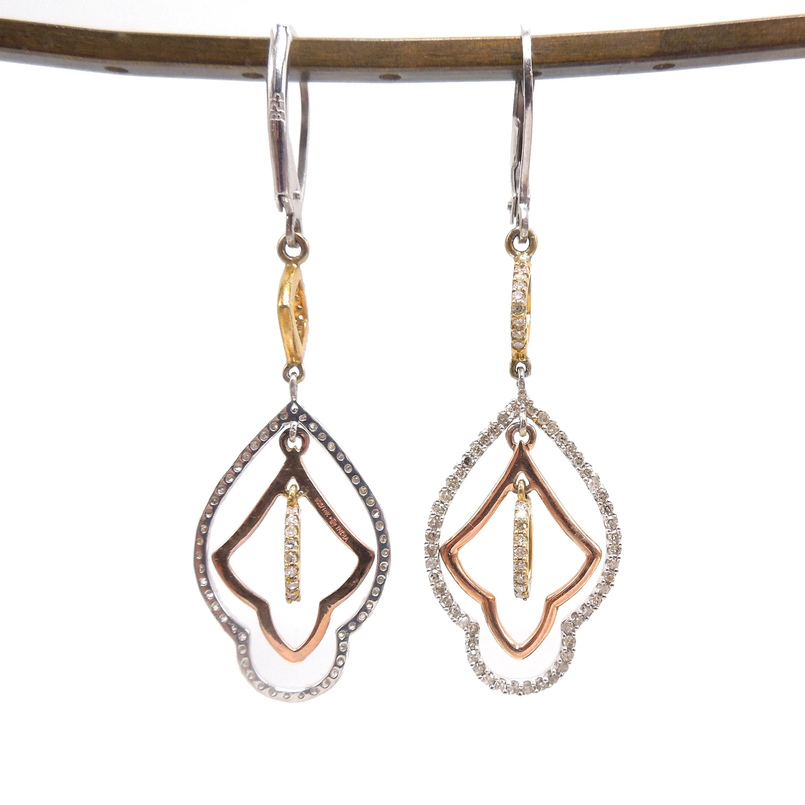 Tricolor Gold and Diamond Earrings in Sterling Silver - Rose Gold Plate, Yellow Gold Plate