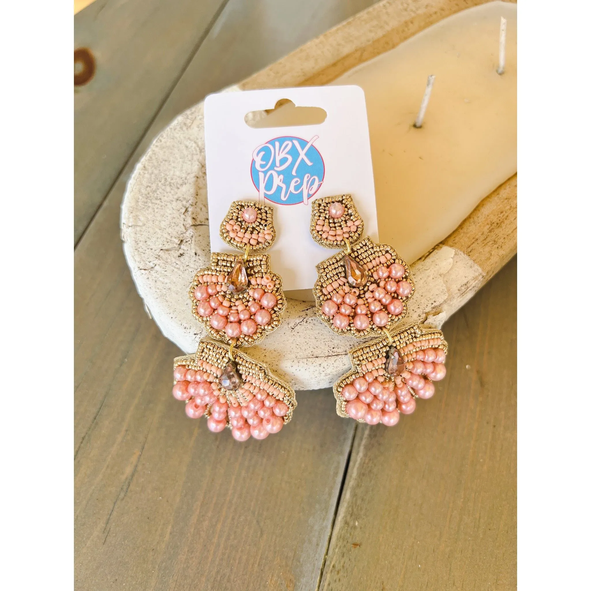 Triple Seashell OBX Prep Exclusive Seed Bead Dangle Earrings