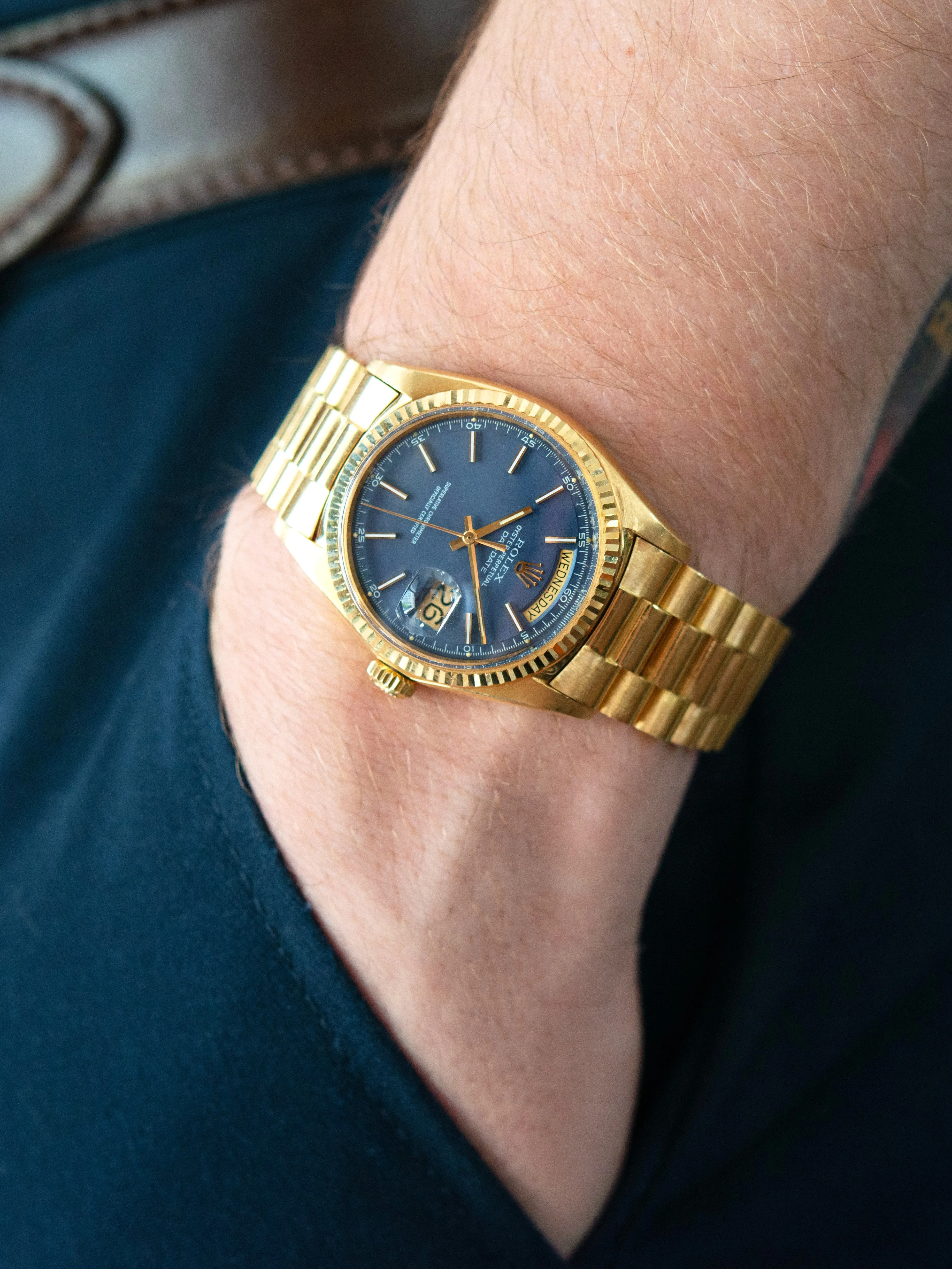 *Unpolished* 1970 Rolex Day-Date (Ref. 1803) 18K YG "Matte Blue Minute Track Dial"