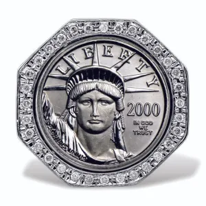 USA Platinum Statue of Liberty 1/10th ounce Coin in a Platinum and Diamond Ring
