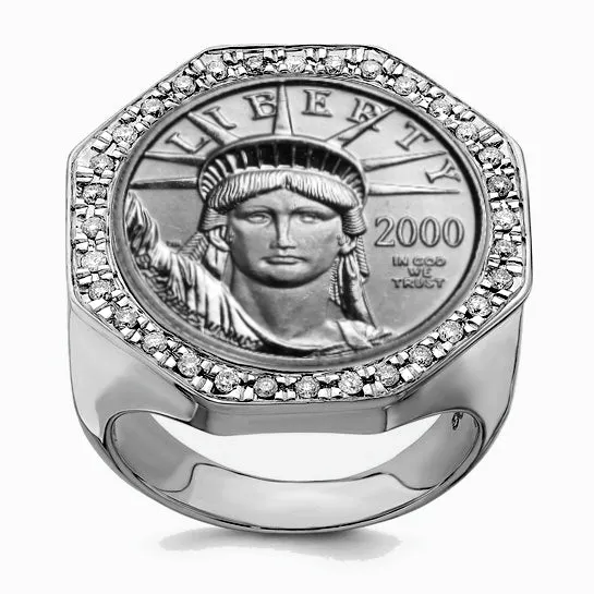 USA Platinum Statue of Liberty 1/10th ounce Coin in a Platinum and Diamond Ring