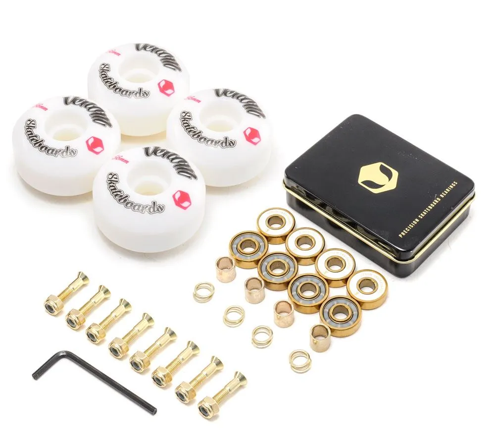 Venom Skateboards Logo White Skateboard Wheels & Venom Gold Bearings Pack   Bolts!