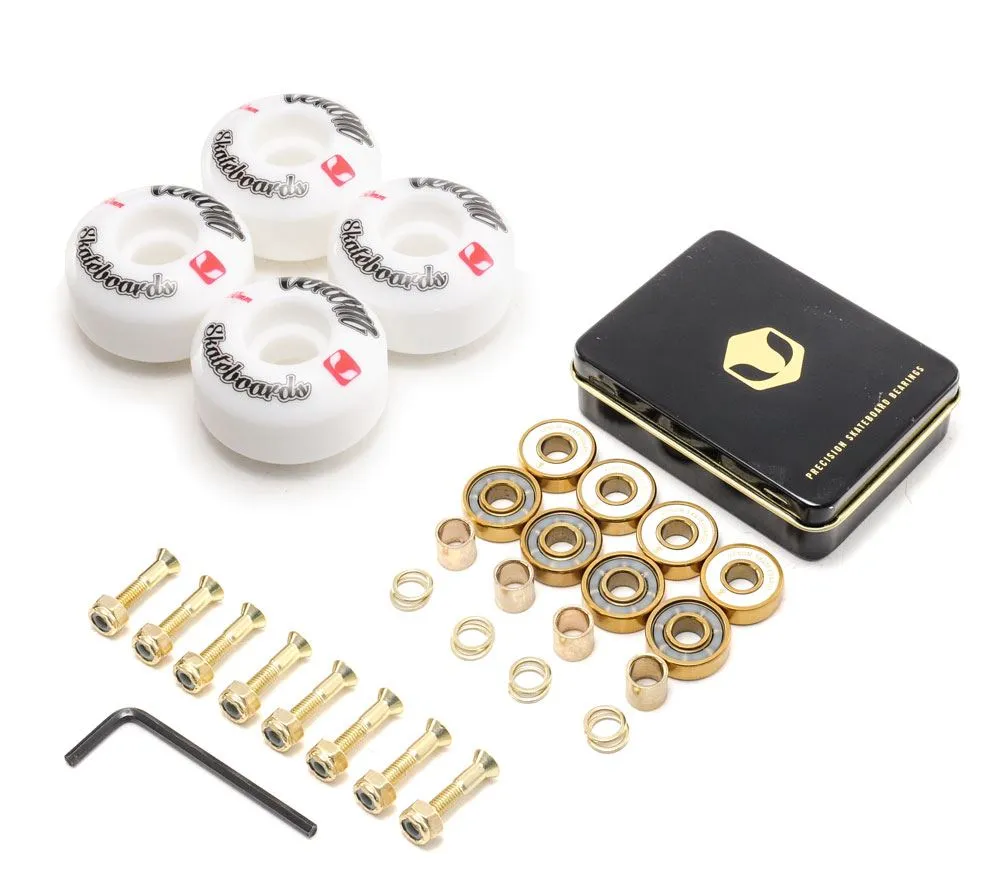 Venom Skateboards Logo White Skateboard Wheels & Venom Gold Bearings Pack   Bolts!