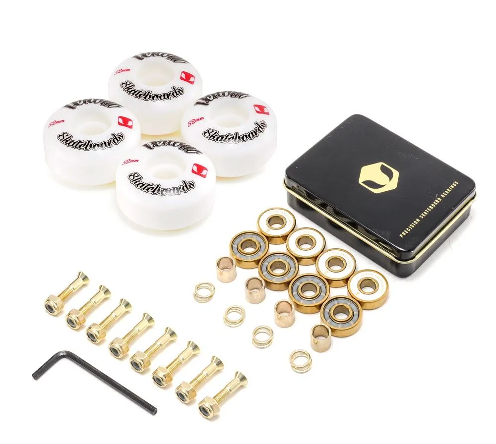 Venom Skateboards Logo White Skateboard Wheels & Venom Gold Bearings Pack   Bolts!