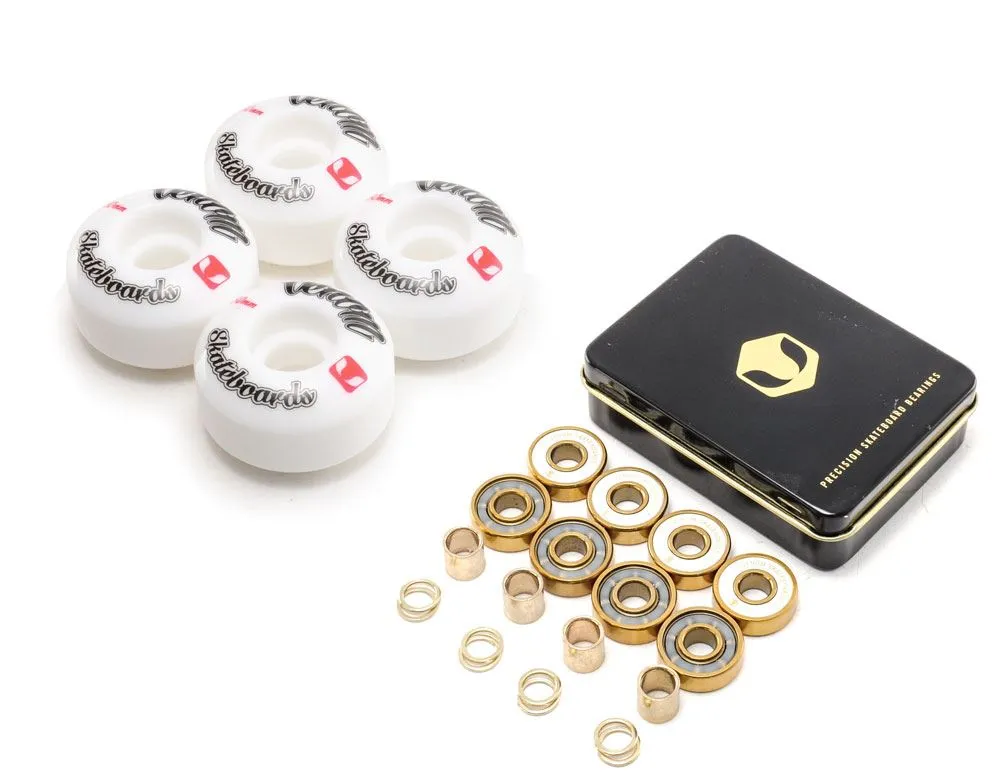 Venom Skateboards Logo White Skateboard Wheels & Venom Gold Bearings Pack