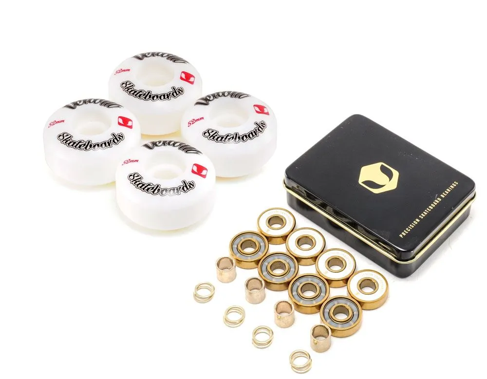 Venom Skateboards Logo White Skateboard Wheels & Venom Gold Bearings Pack