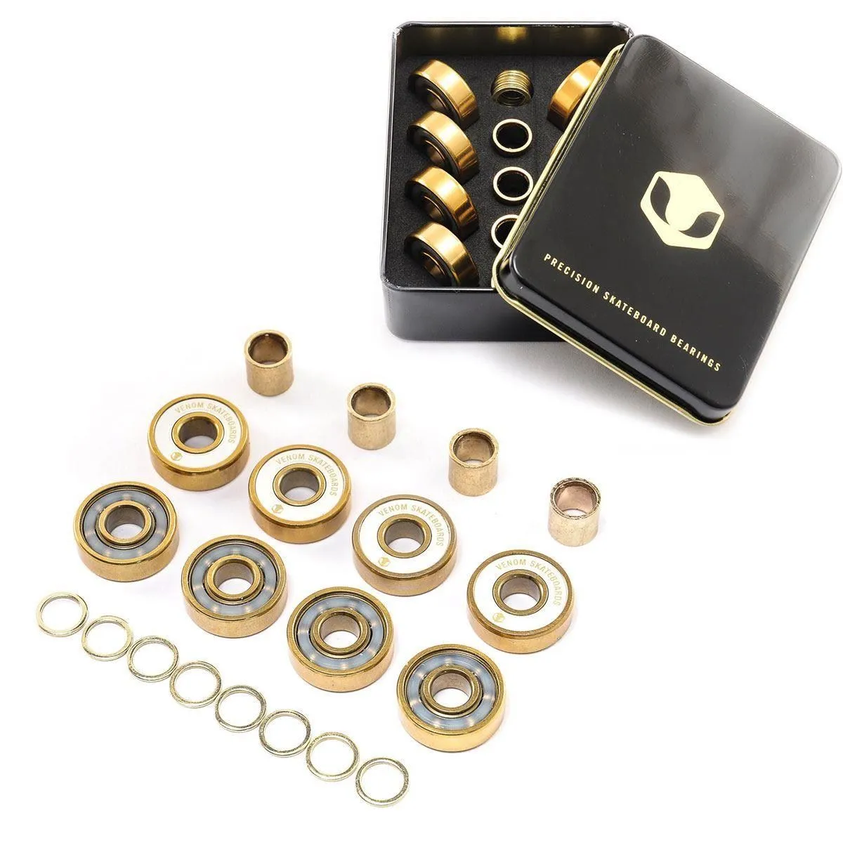 Venom Skateboards Logo White Skateboard Wheels & Venom Gold Bearings Pack