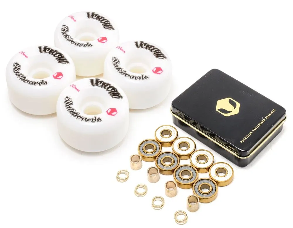 Venom Skateboards Logo White Skateboard Wheels & Venom Gold Bearings Pack
