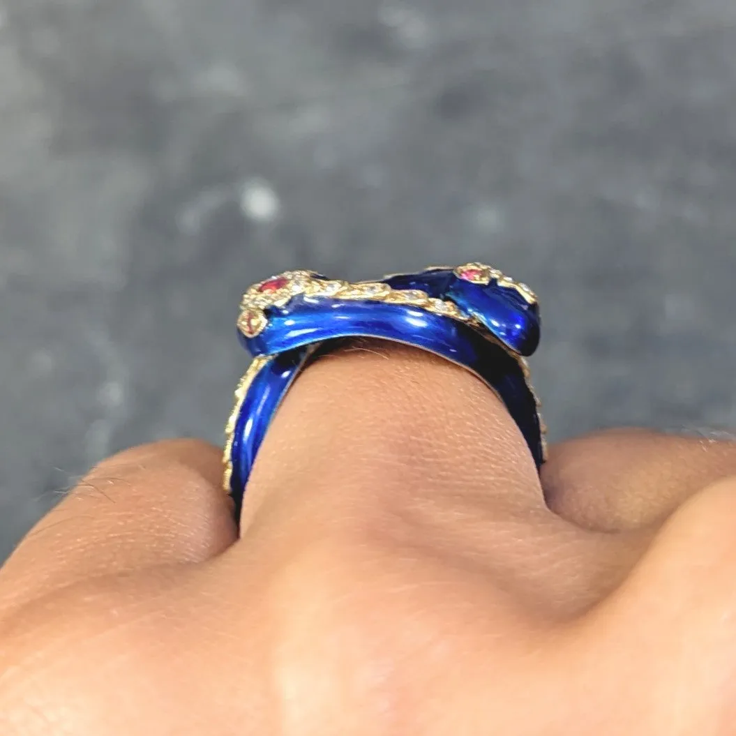 Victorian Ruby Diamond Blue Enamel 18 Karat Gold Antique Snake Antique Ring