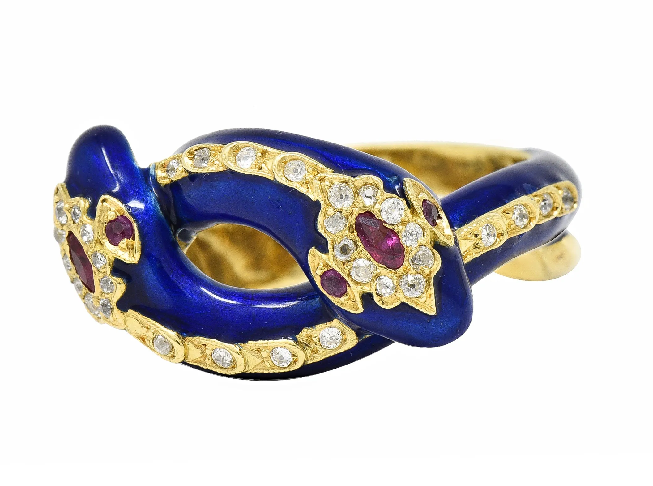 Victorian Ruby Diamond Blue Enamel 18 Karat Gold Antique Snake Antique Ring