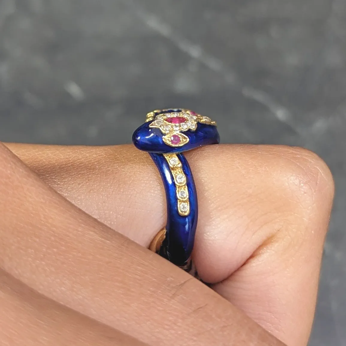 Victorian Ruby Diamond Blue Enamel 18 Karat Gold Antique Snake Antique Ring