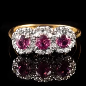 Vintage 0.80Ct Ruby Diamond Trilogy Cluster Ring 18Ct Gold Dated 1966