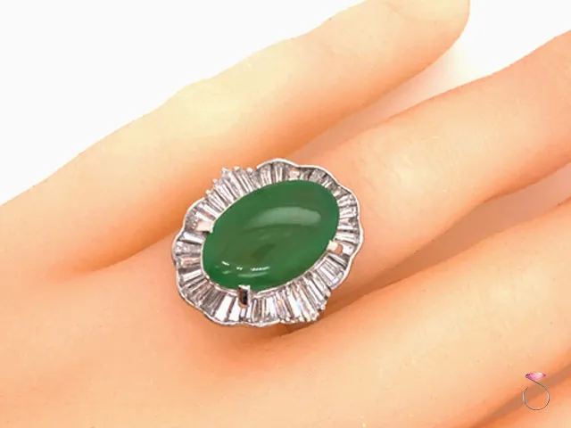 Vintage Grade A Apple Green Jadeite Jade Ballerina Diamond Ring, GIA Jade Report