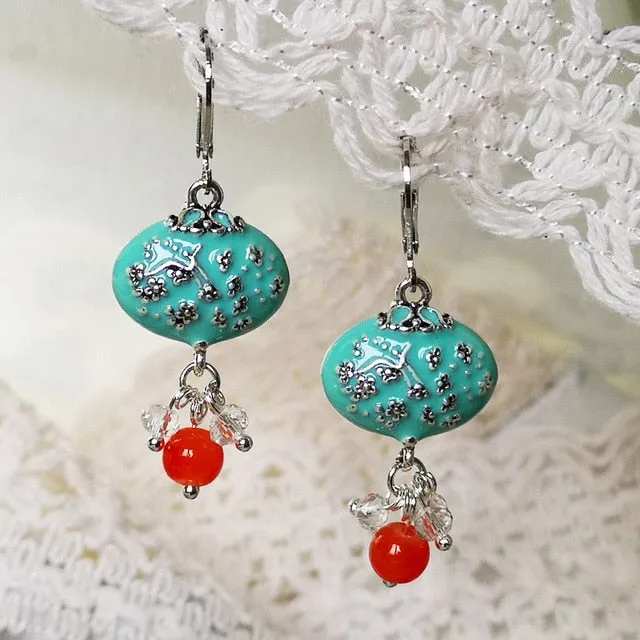 Vintage Handmade Bohemian Leaf Flower Blue Earrings Women Tribal Jewelry