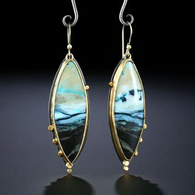 Vintage Handmade Bohemian Leaf Flower Blue Earrings Women Tribal Jewelry