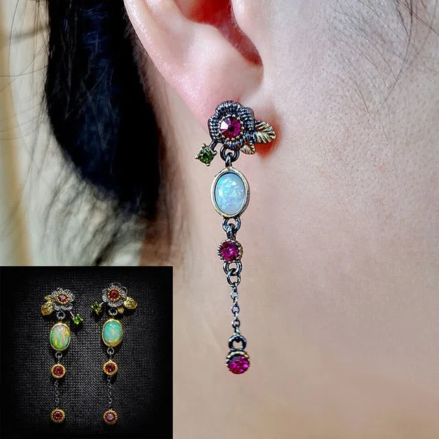 Vintage Handmade Bohemian Leaf Flower Blue Earrings Women Tribal Jewelry