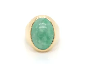 Vintage Large Men's Oval Pale Mottled Green Jade Ring - 14k Yellow Gold