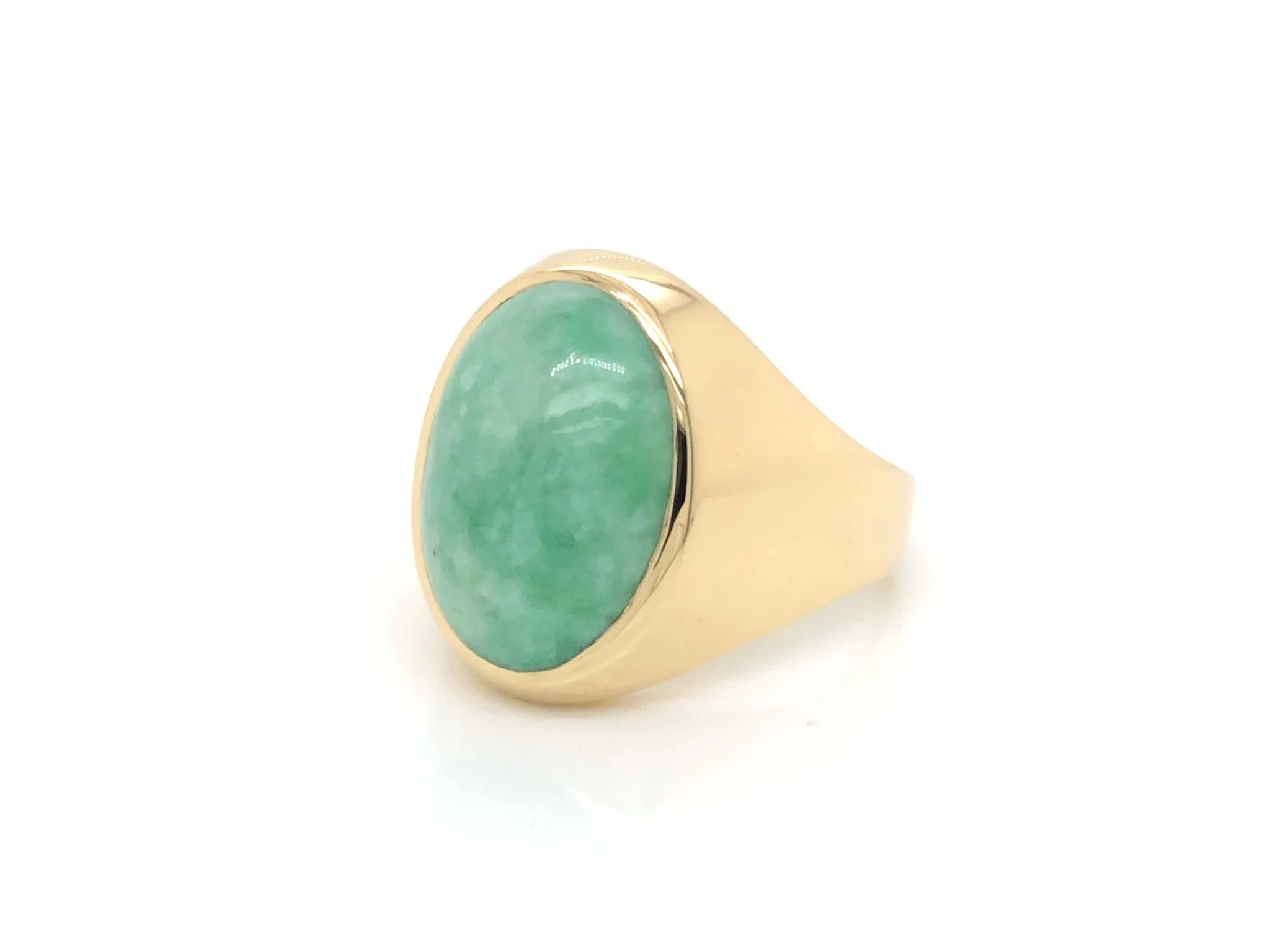 Vintage Large Men's Oval Pale Mottled Green Jade Ring - 14k Yellow Gold