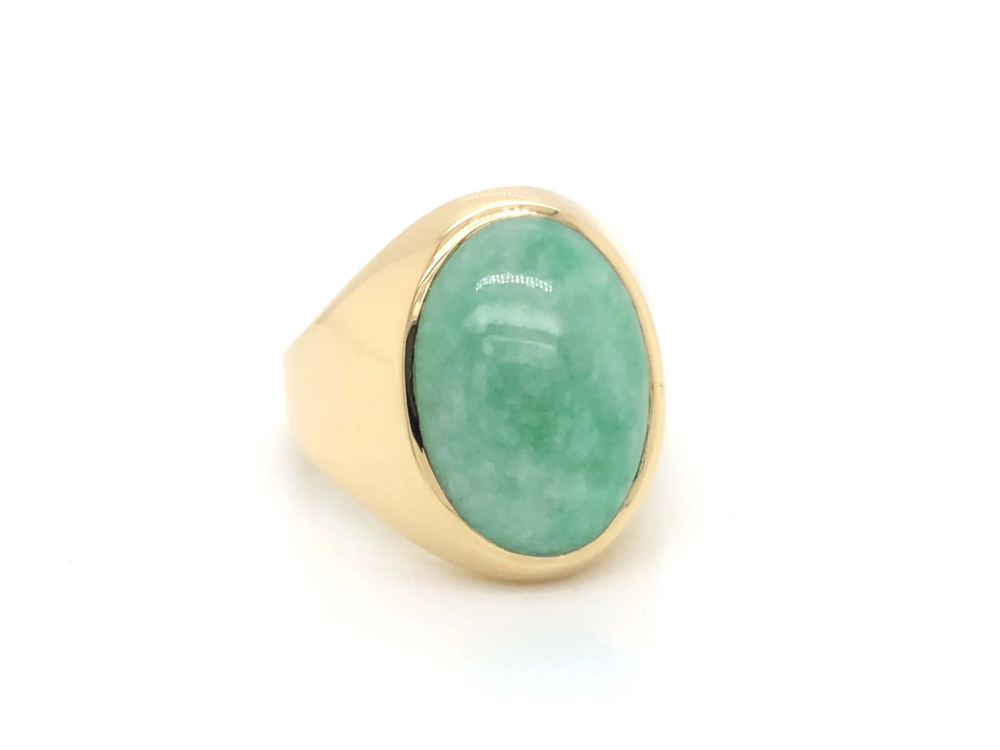 Vintage Large Men's Oval Pale Mottled Green Jade Ring - 14k Yellow Gold