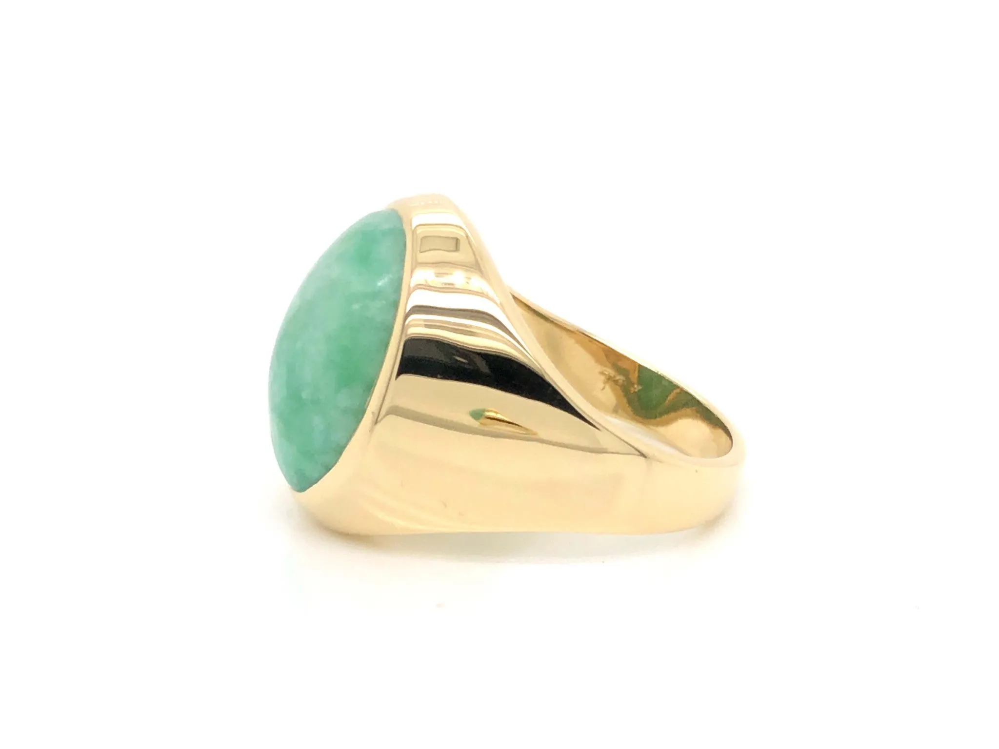 Vintage Large Men's Oval Pale Mottled Green Jade Ring - 14k Yellow Gold