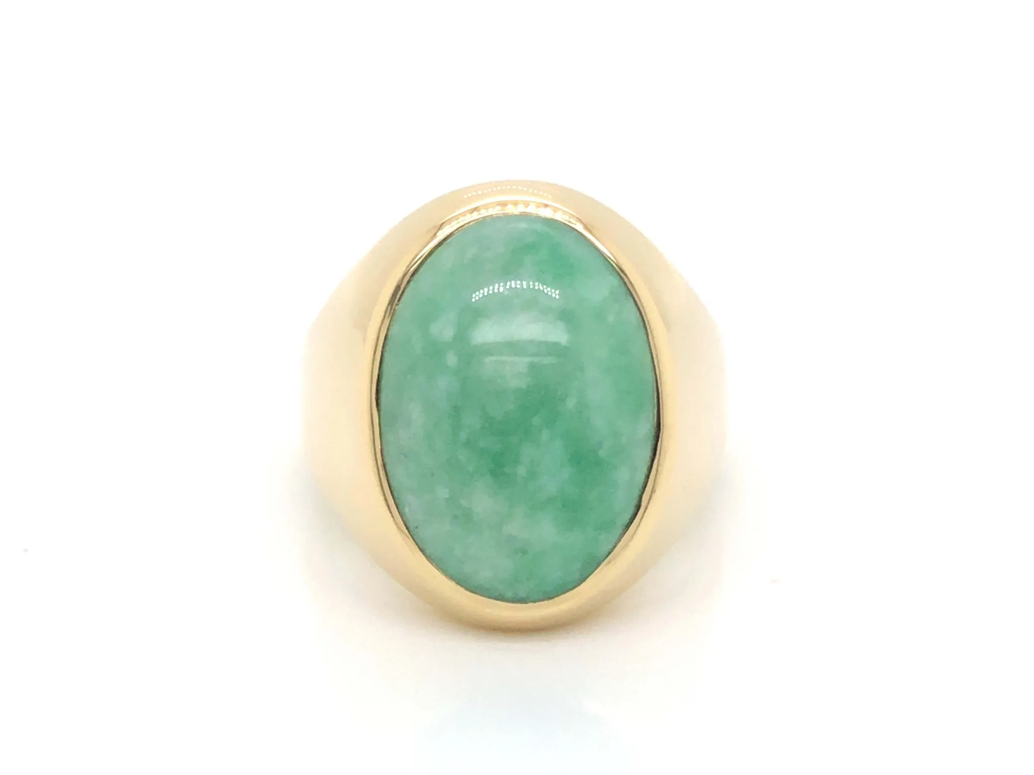 Vintage Large Men's Oval Pale Mottled Green Jade Ring - 14k Yellow Gold