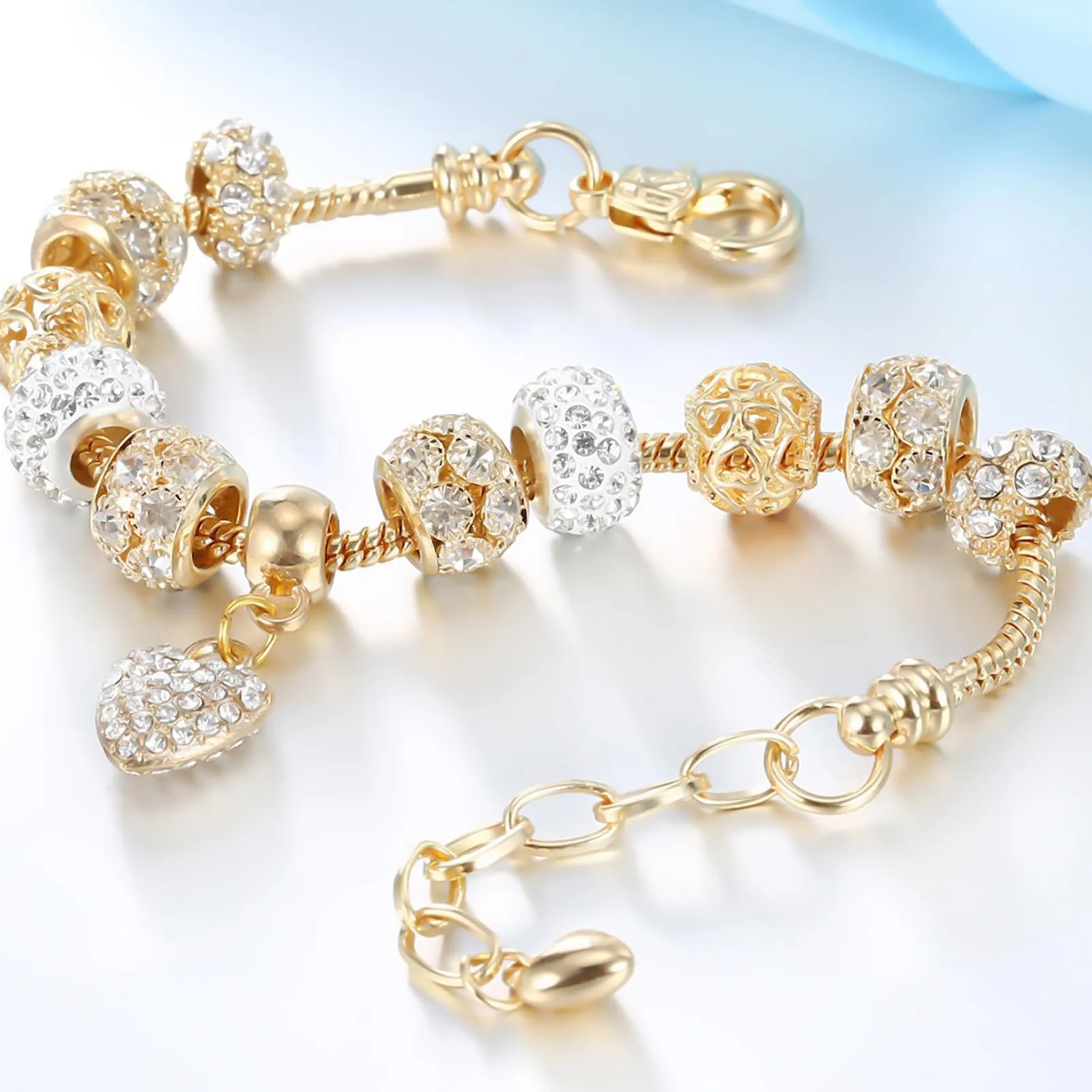 VTEAS 2 Pack Charm Bracelets Pink and Gold Heart Silver Plated Charm Bracelet, DIY Jewelry for Women Gifts, with Beads, Crystal, Charms, Love and Adjustable Snake Chain, Fits 7.5" 1.5"