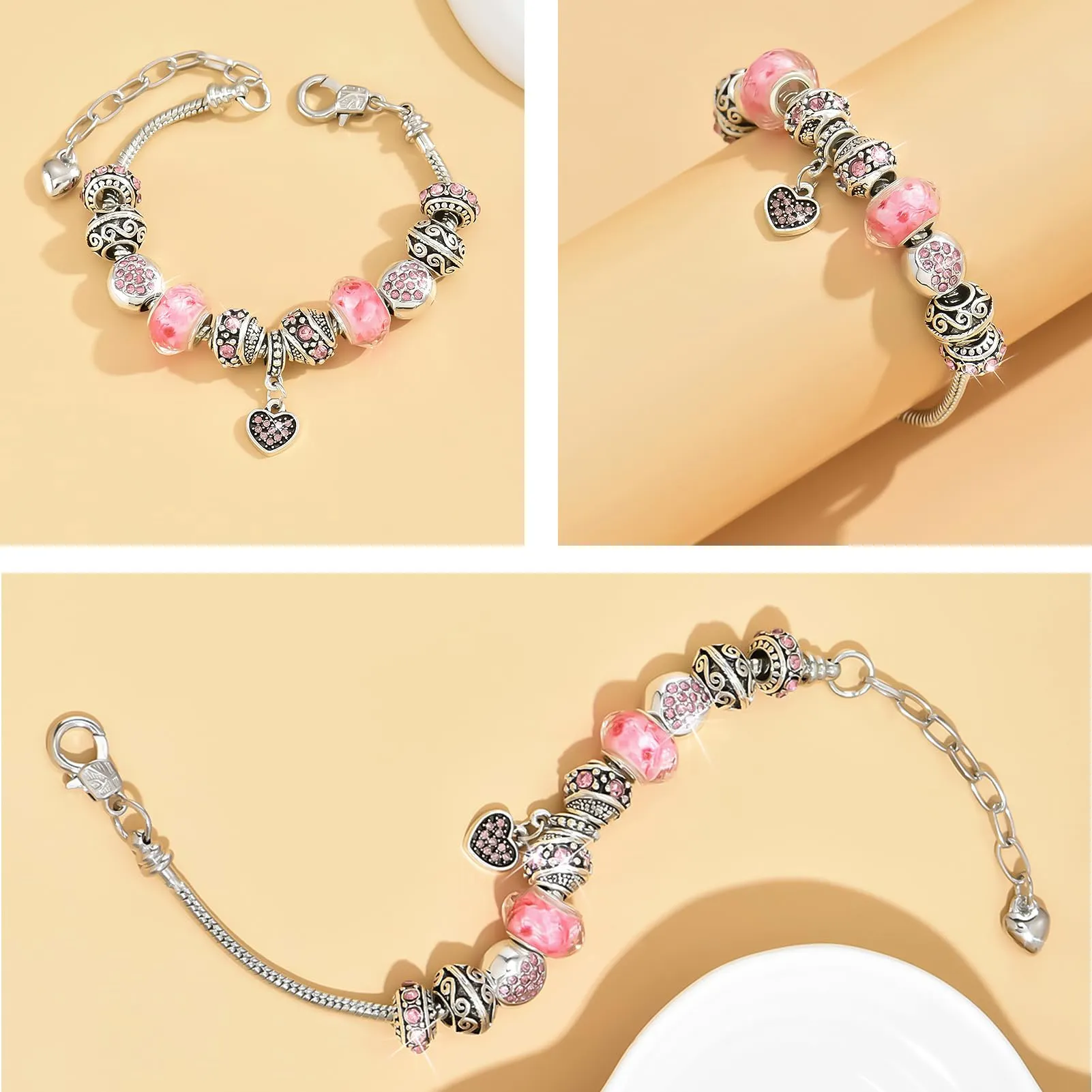 VTEAS 2 Pack Charm Bracelets Pink and Gold Heart Silver Plated Charm Bracelet, DIY Jewelry for Women Gifts, with Beads, Crystal, Charms, Love and Adjustable Snake Chain, Fits 7.5" 1.5"