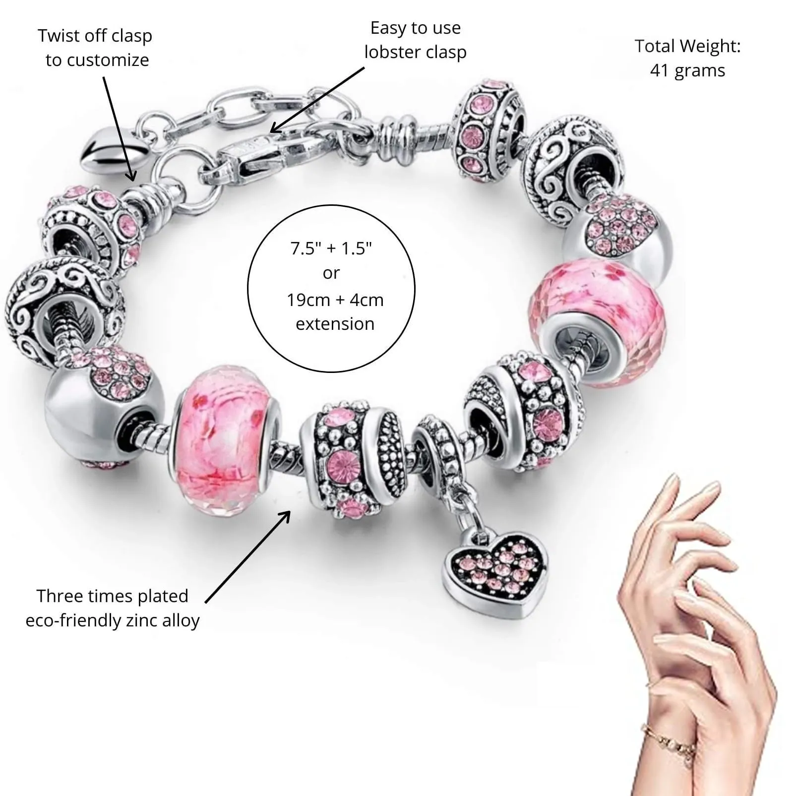 VTEAS 2 Pack Charm Bracelets Pink and Gold Heart Silver Plated Charm Bracelet, DIY Jewelry for Women Gifts, with Beads, Crystal, Charms, Love and Adjustable Snake Chain, Fits 7.5" 1.5"
