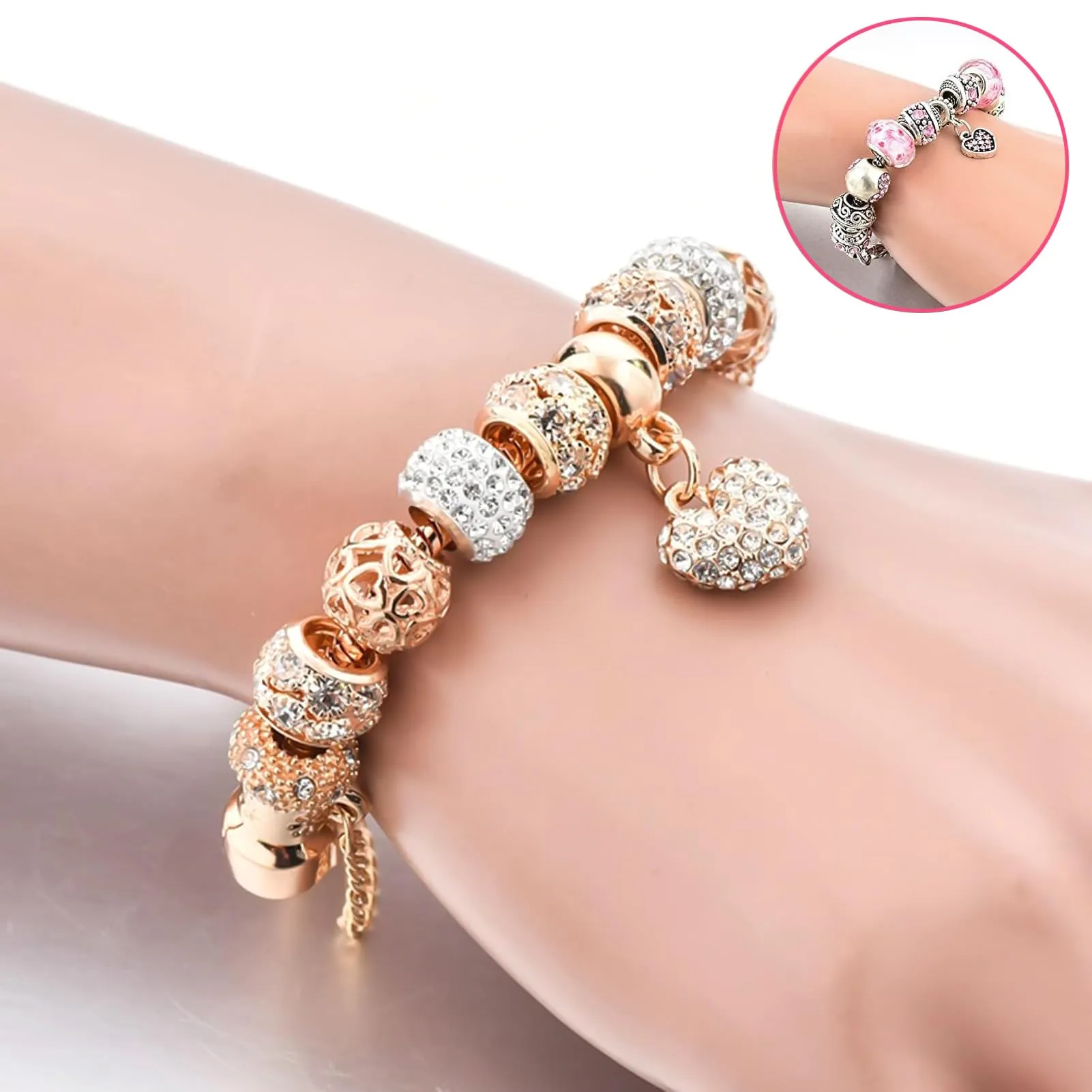 VTEAS 2 Pack Charm Bracelets Pink and Gold Heart Silver Plated Charm Bracelet, DIY Jewelry for Women Gifts, with Beads, Crystal, Charms, Love and Adjustable Snake Chain, Fits 7.5" 1.5"