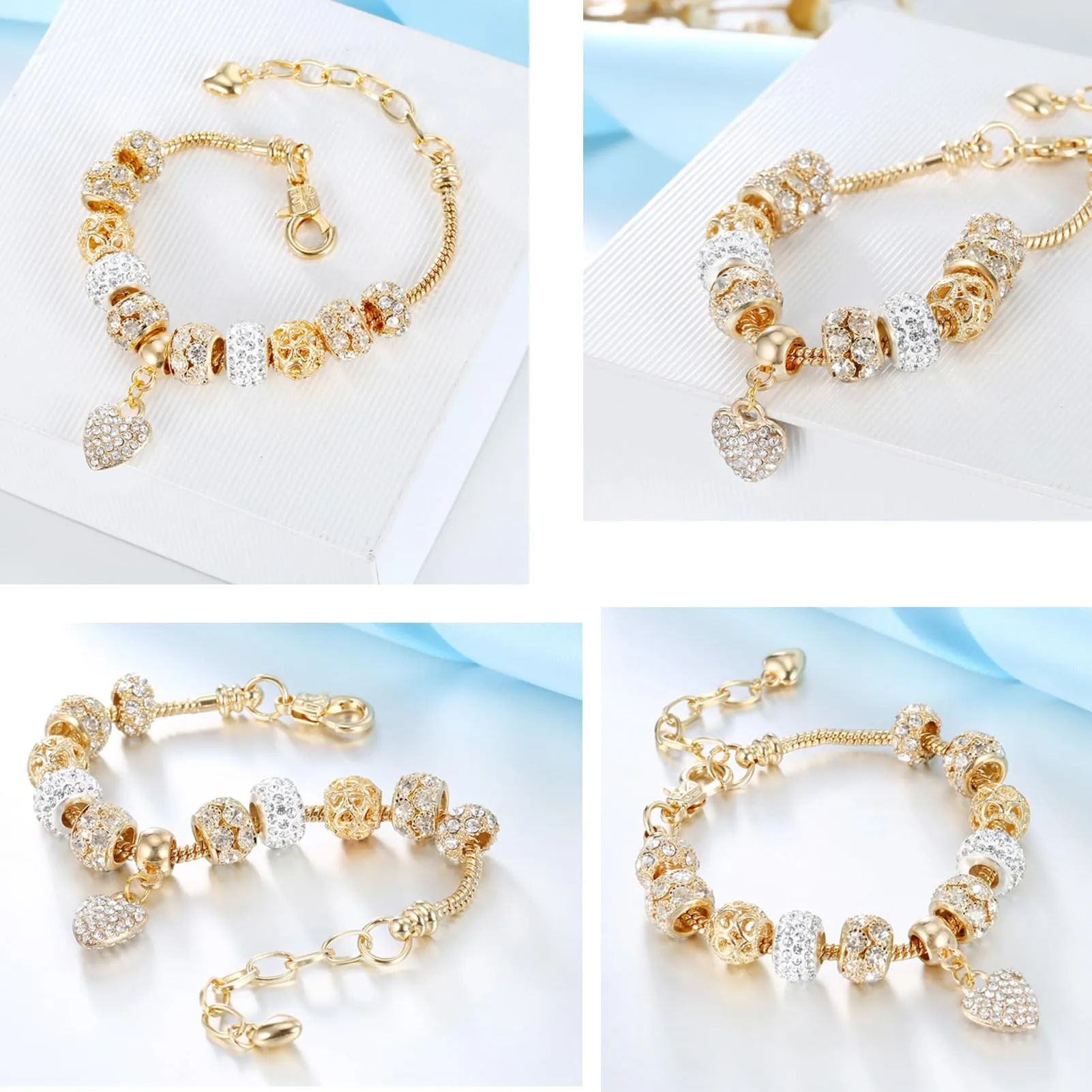 VTEAS 2 Pack Charm Bracelets Pink and Gold Heart Silver Plated Charm Bracelet, DIY Jewelry for Women Gifts, with Beads, Crystal, Charms, Love and Adjustable Snake Chain, Fits 7.5" 1.5"