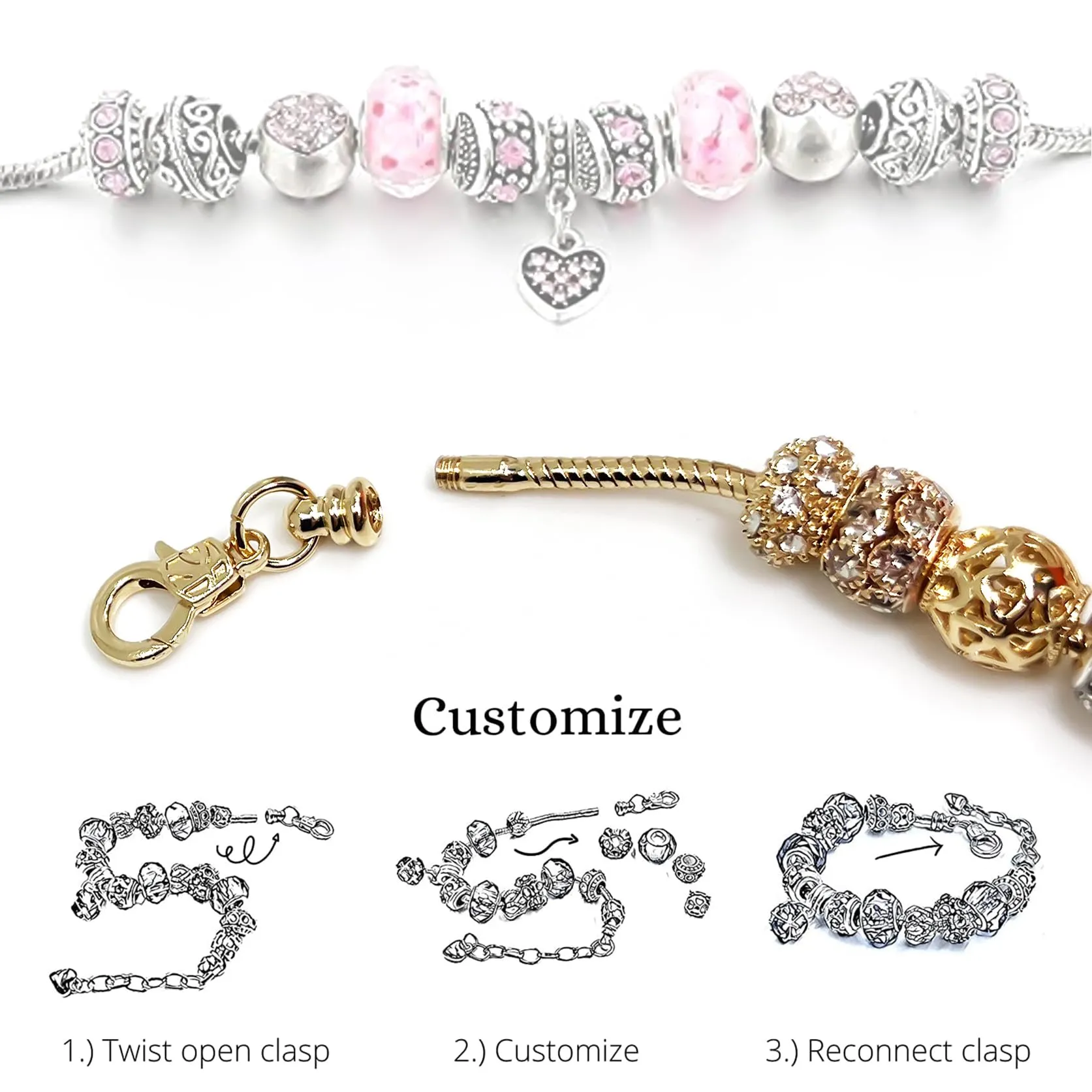 VTEAS 2 Pack Charm Bracelets Pink and Gold Heart Silver Plated Charm Bracelet, DIY Jewelry for Women Gifts, with Beads, Crystal, Charms, Love and Adjustable Snake Chain, Fits 7.5" 1.5"