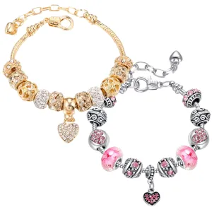 VTEAS 2 Pack Charm Bracelets Pink and Gold Heart Silver Plated Charm Bracelet, DIY Jewelry for Women Gifts, with Beads, Crystal, Charms, Love and Adjustable Snake Chain, Fits 7.5" 1.5"