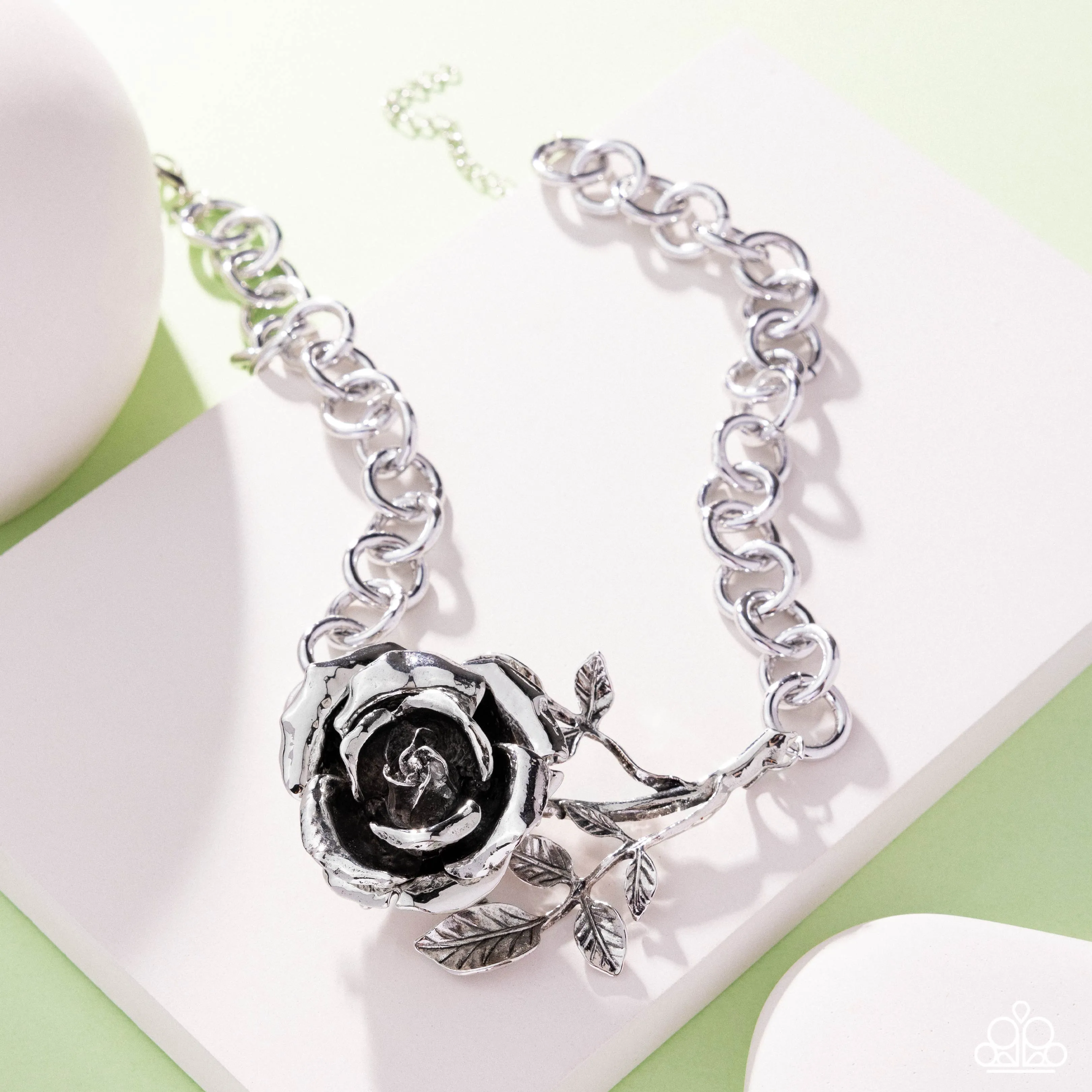 Whimsical Appearance - Silver - Oversized Rose Flower Paparazzi Short Necklace - 2025 Empower Me Pink Exclusive