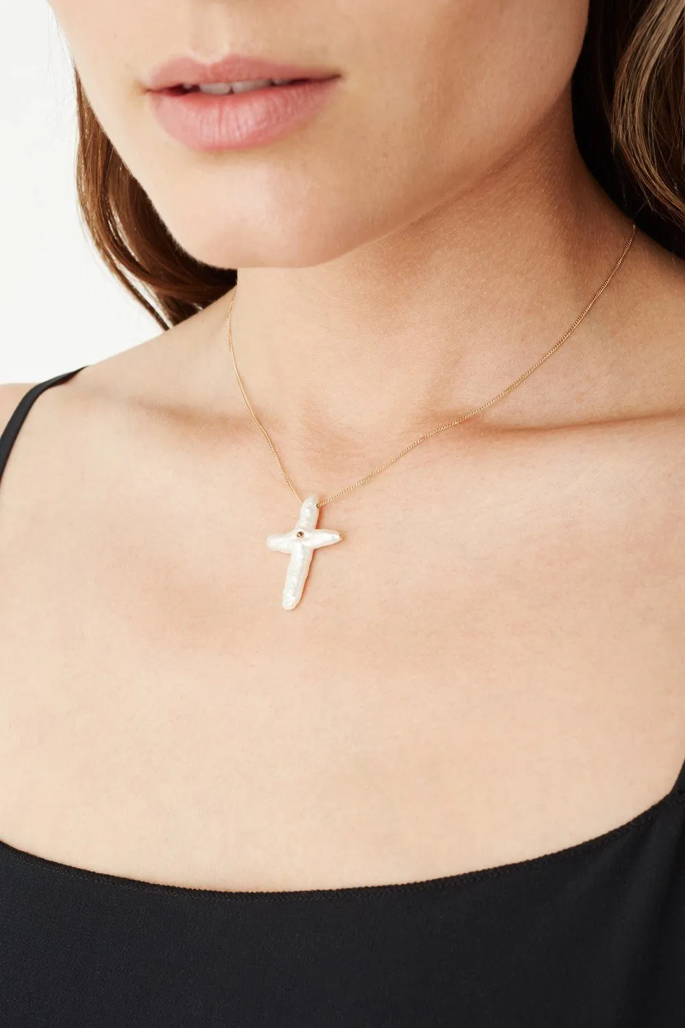 White Baroque Pearl Cross Necklace with Champagne Diamond