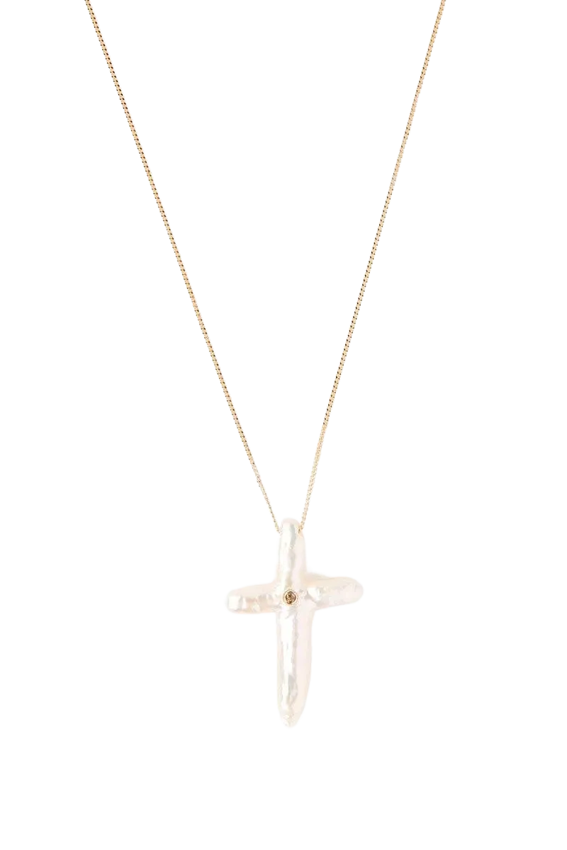White Baroque Pearl Cross Necklace with Champagne Diamond