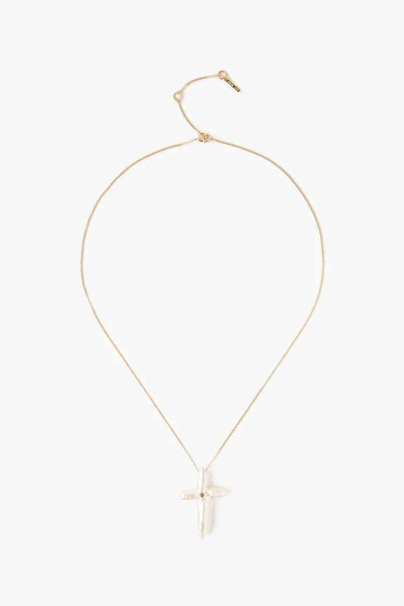 White Baroque Pearl Cross Necklace with Champagne Diamond