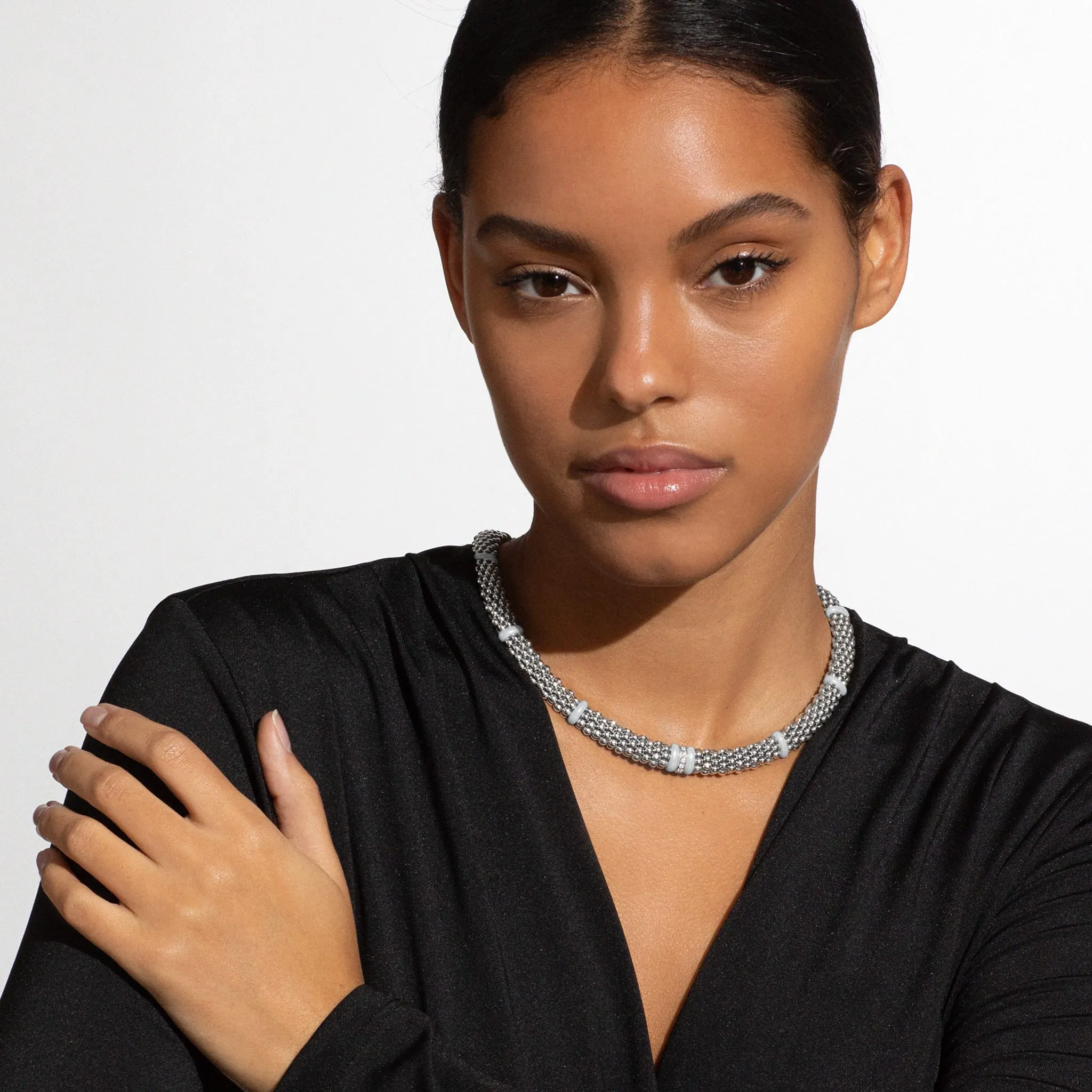 White Caviar White Single Station Diamond Caviar Necklace