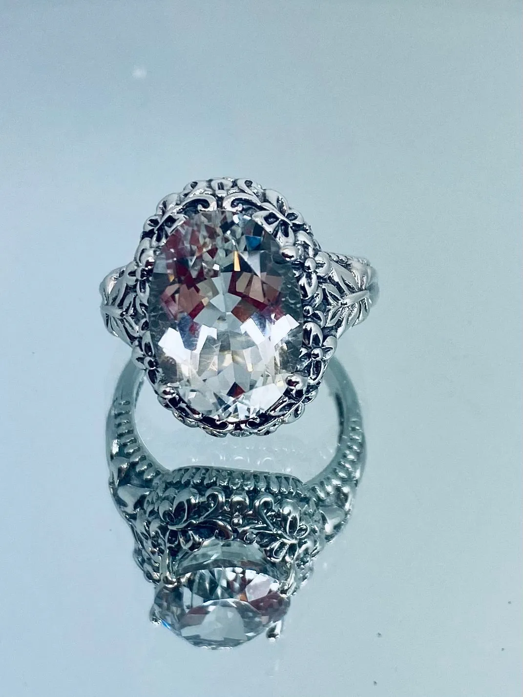 White CZ or Topaz Butterfly Ring, Natural or Simulated Oval Gemstone, Art Nouveau Vintage Ring, D79