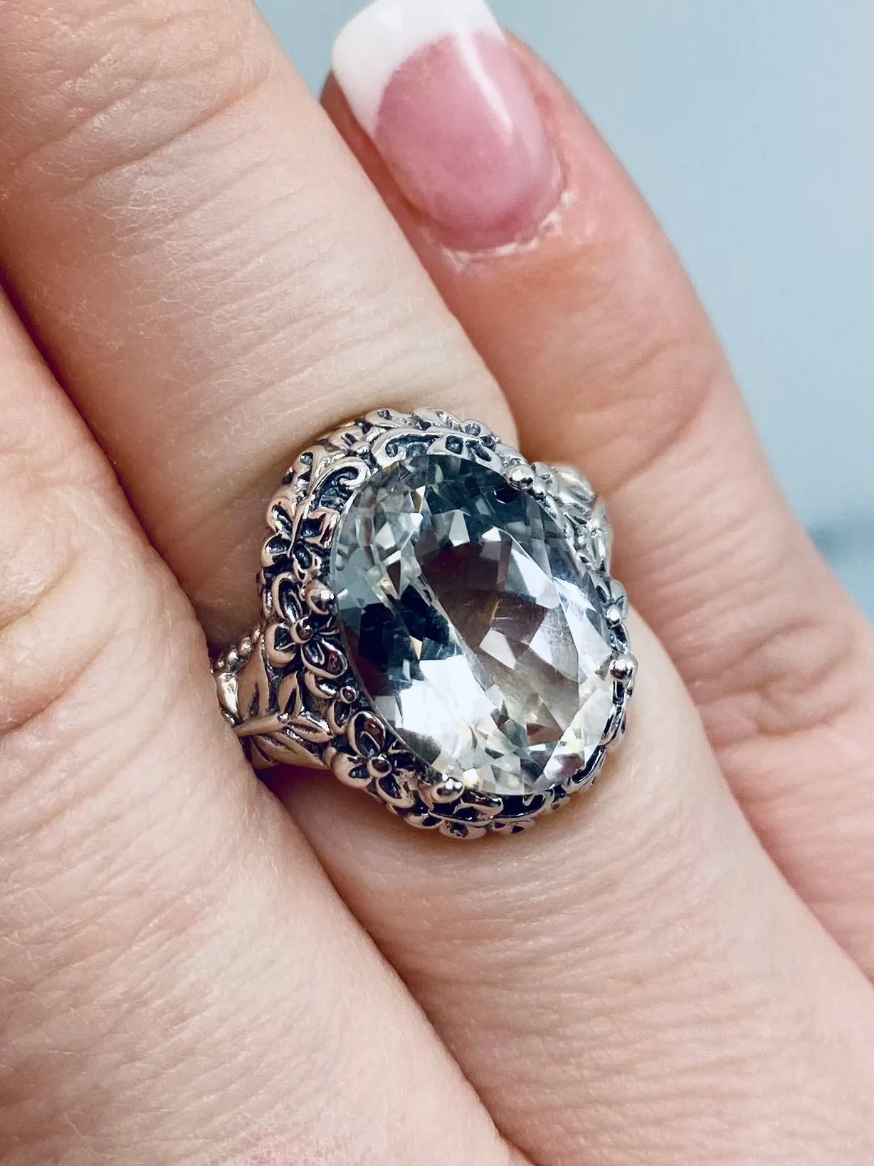 White CZ or Topaz Butterfly Ring, Natural or Simulated Oval Gemstone, Art Nouveau Vintage Ring, D79