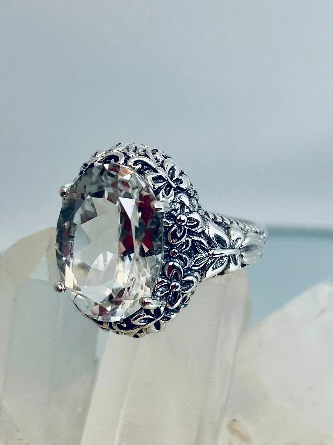 White CZ or Topaz Butterfly Ring, Natural or Simulated Oval Gemstone, Art Nouveau Vintage Ring, D79