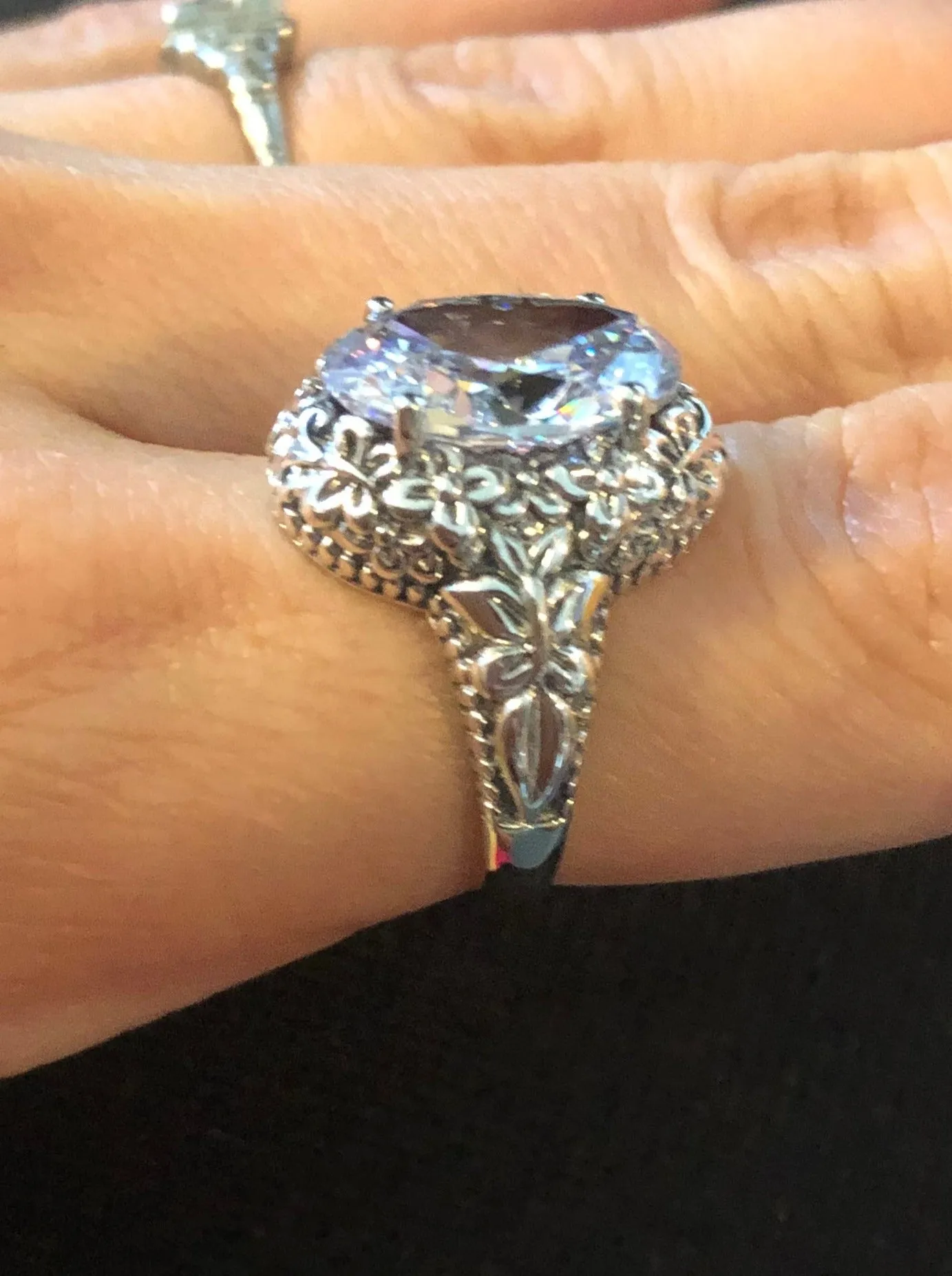 White CZ or Topaz Butterfly Ring, Natural or Simulated Oval Gemstone, Art Nouveau Vintage Ring, D79