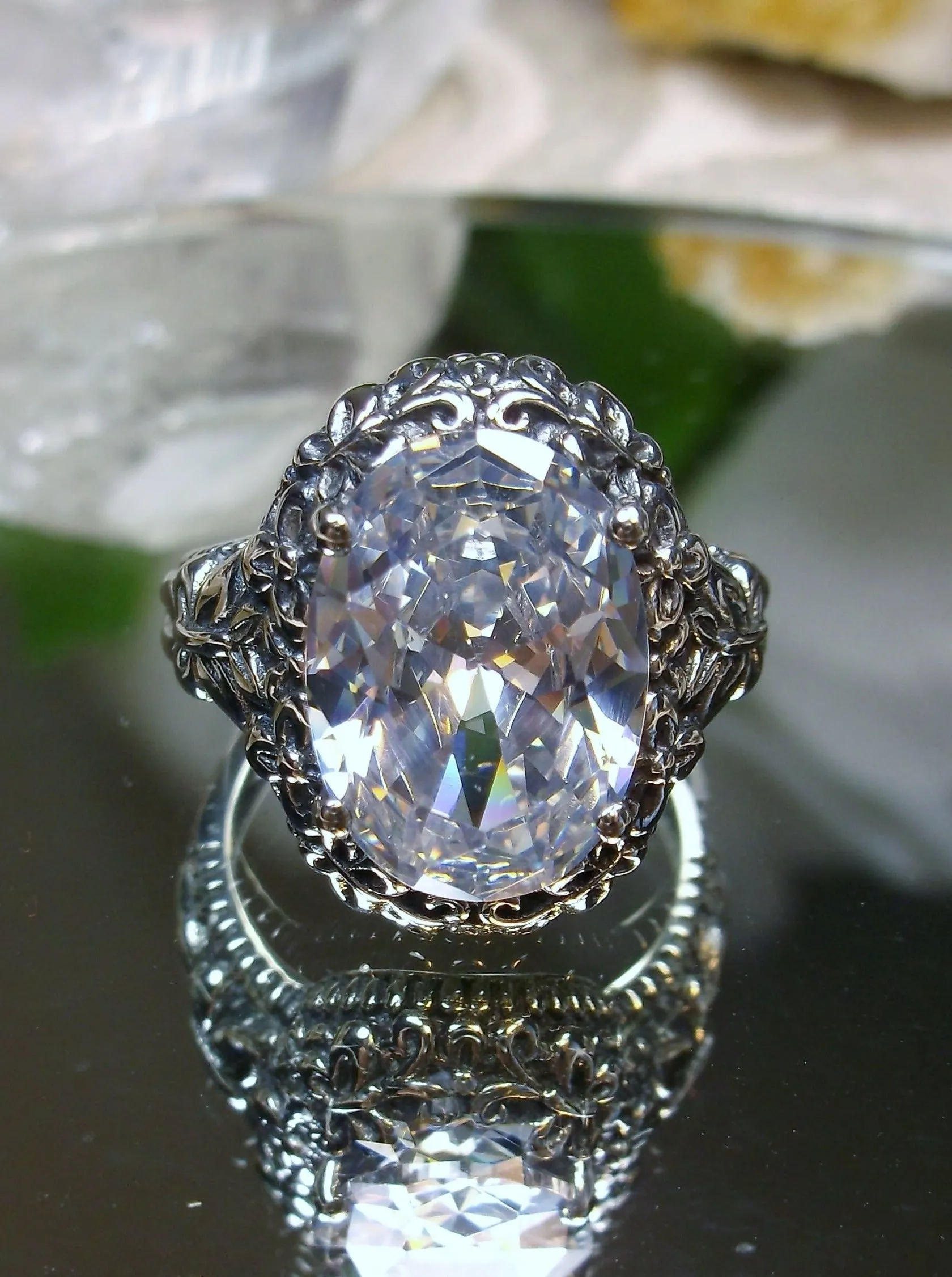 White CZ or Topaz Butterfly Ring, Natural or Simulated Oval Gemstone, Art Nouveau Vintage Ring, D79