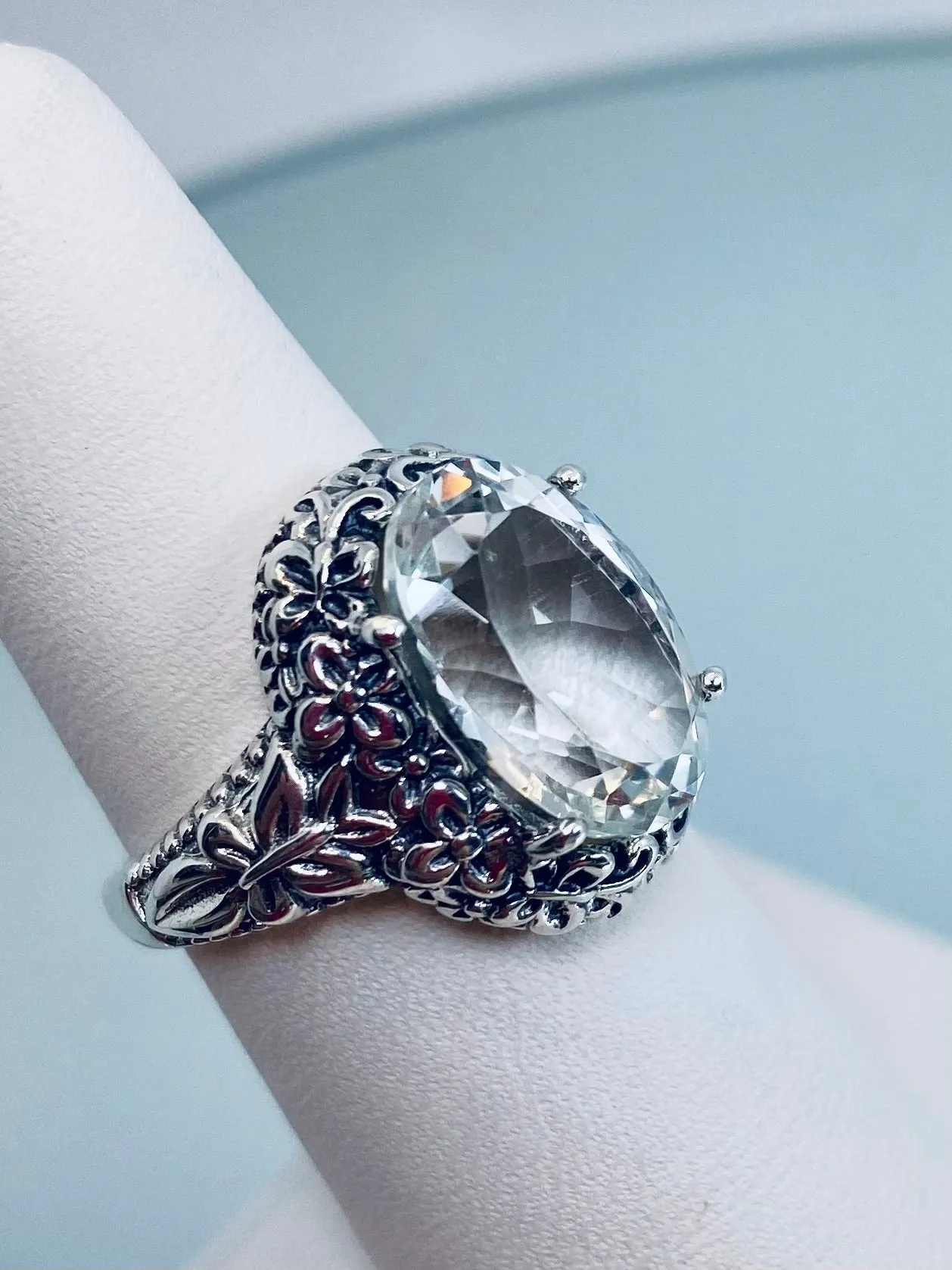 White CZ or Topaz Butterfly Ring, Natural or Simulated Oval Gemstone, Art Nouveau Vintage Ring, D79